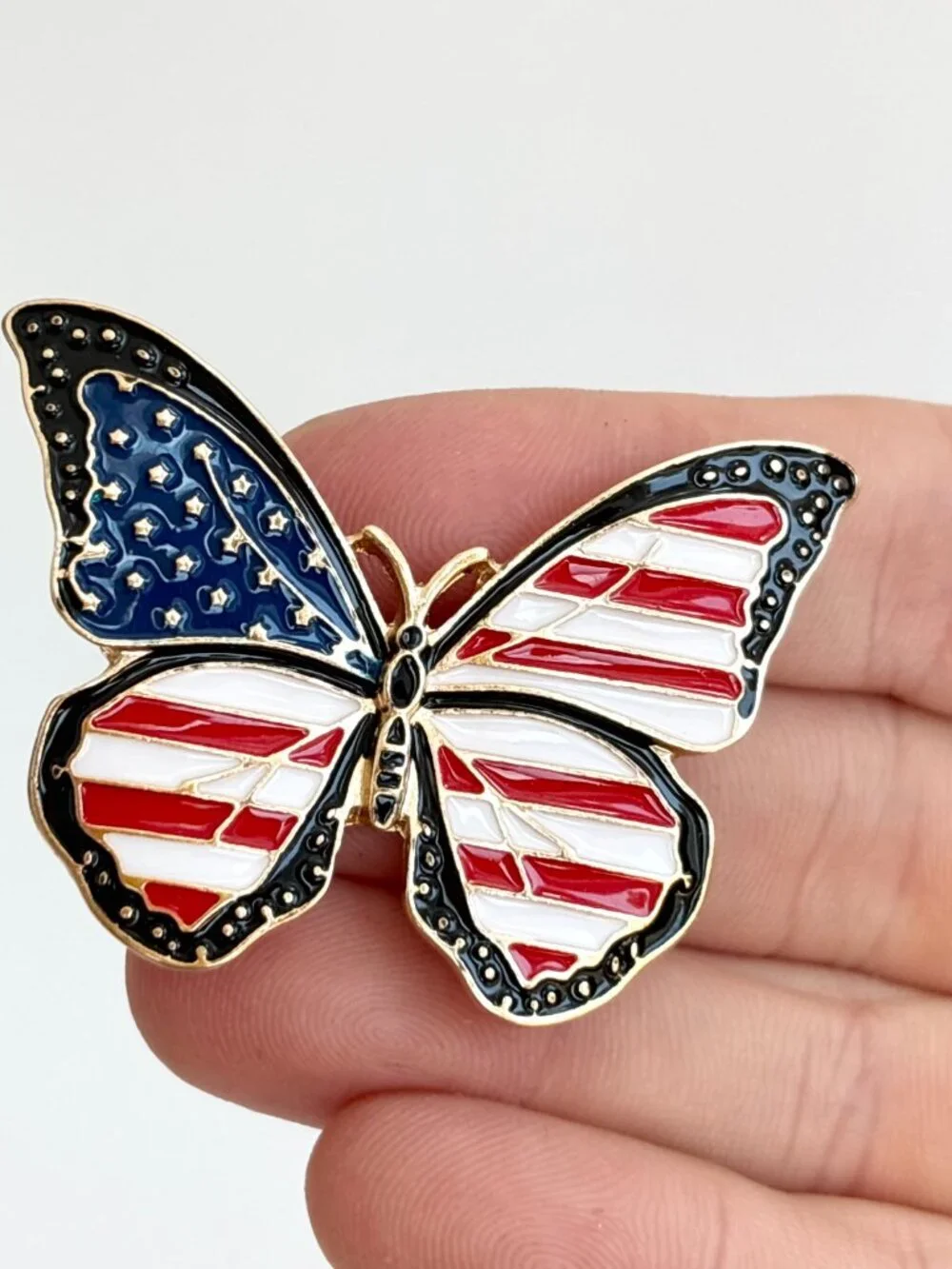 Butterfly Figural American Flag Enameled Gold Toned Patriotic Brooch Pin